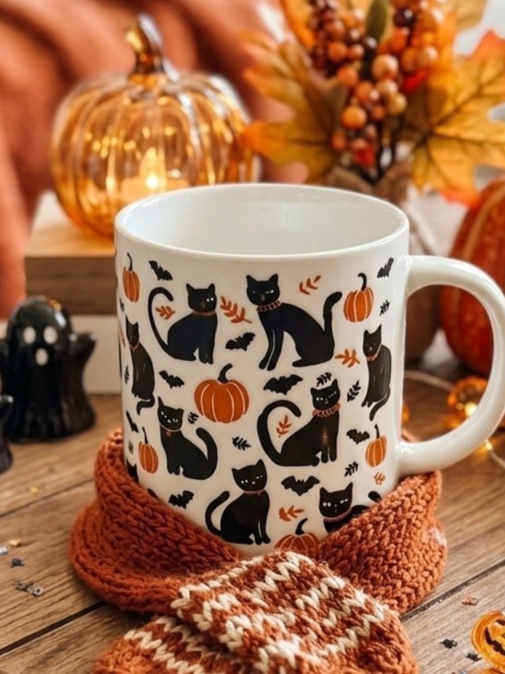 🐈‍⬛ Black Cat and Pumpkin Ceramic Mug-Halloween Accent 🎃